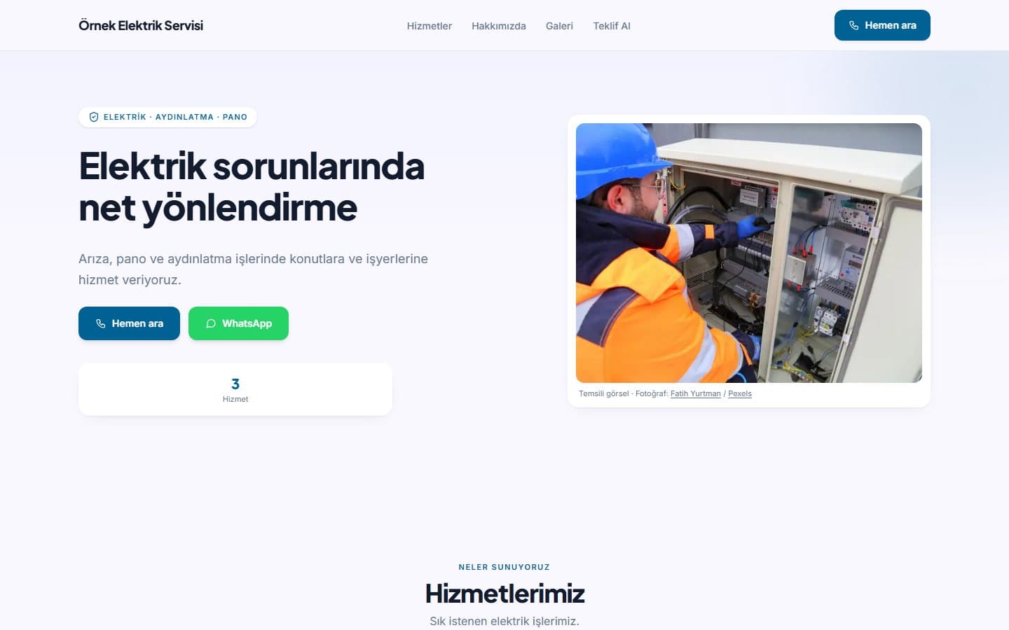 Elektrikçi web sitesi örneği, Mavi teması masaüstü görünümü