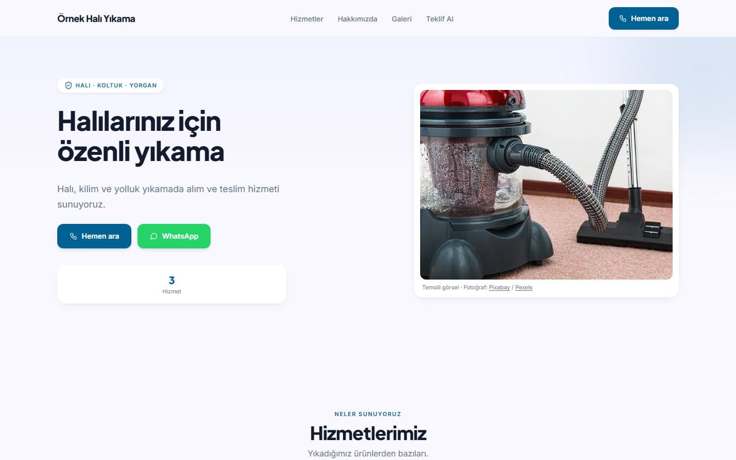 Halı yıkama için örnek web sitesi