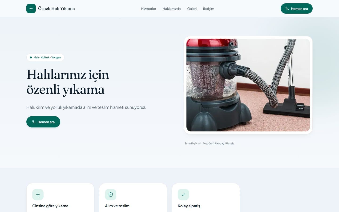 Halı yıkama web sitesi örneği, Yeşim teması masaüstü görünümü