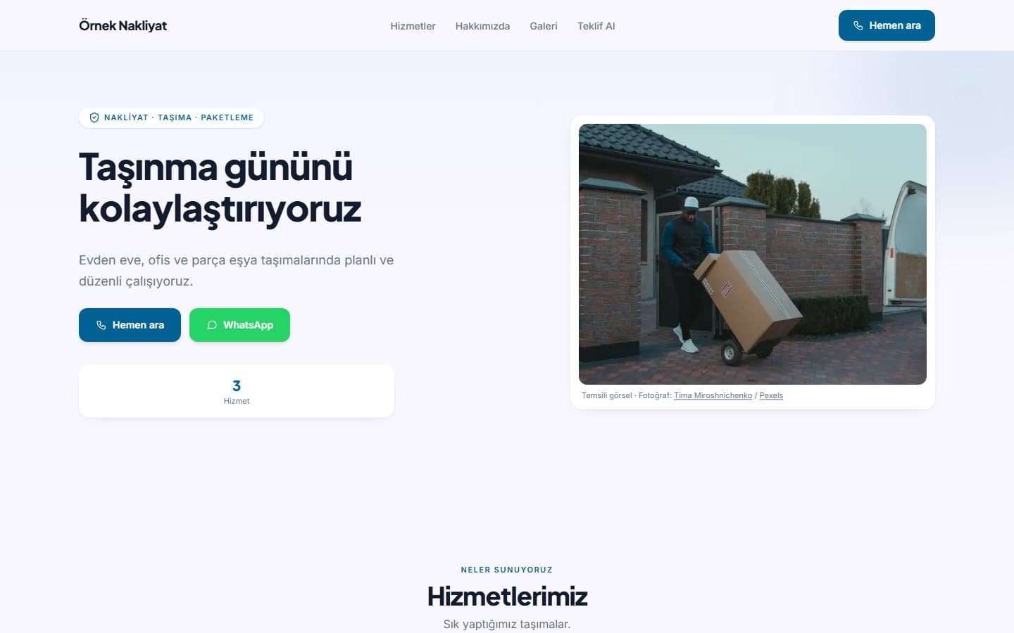 Nakliyat için örnek web sitesi
