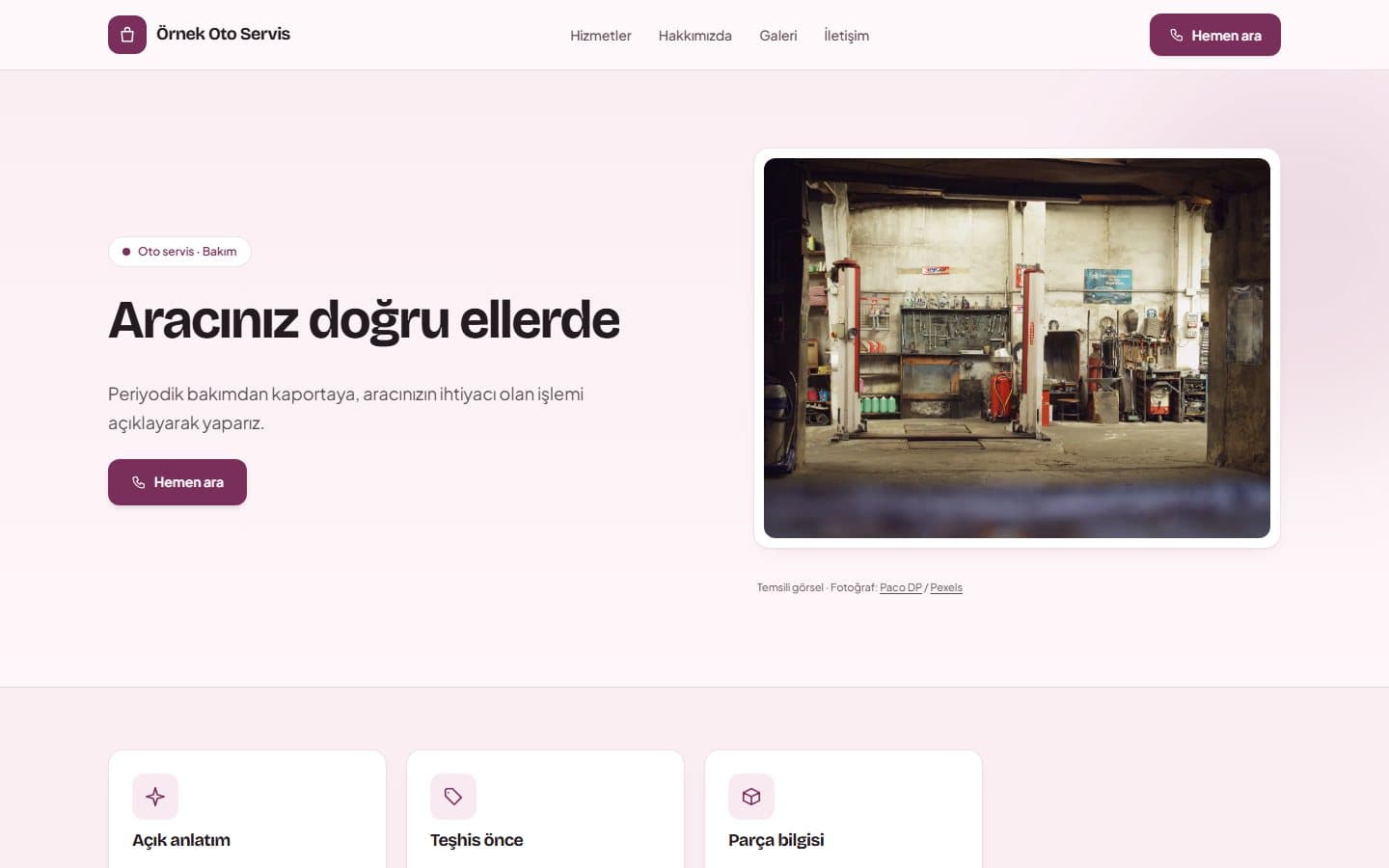 Oto servis web sitesi, Erik teması masaüstü görünümü