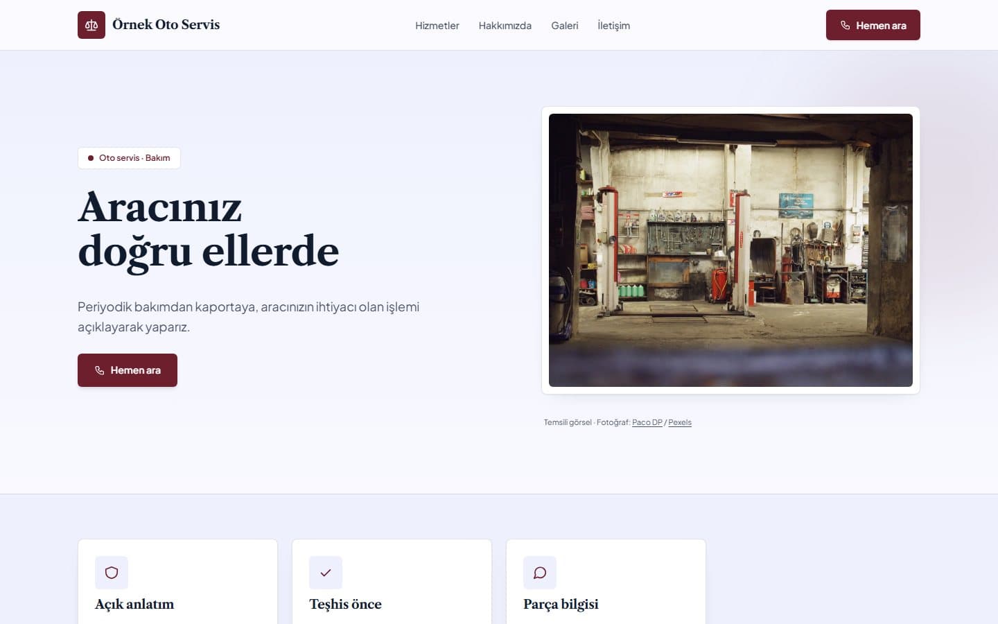 Oto servis web sitesi, Mühür teması masaüstü görünümü