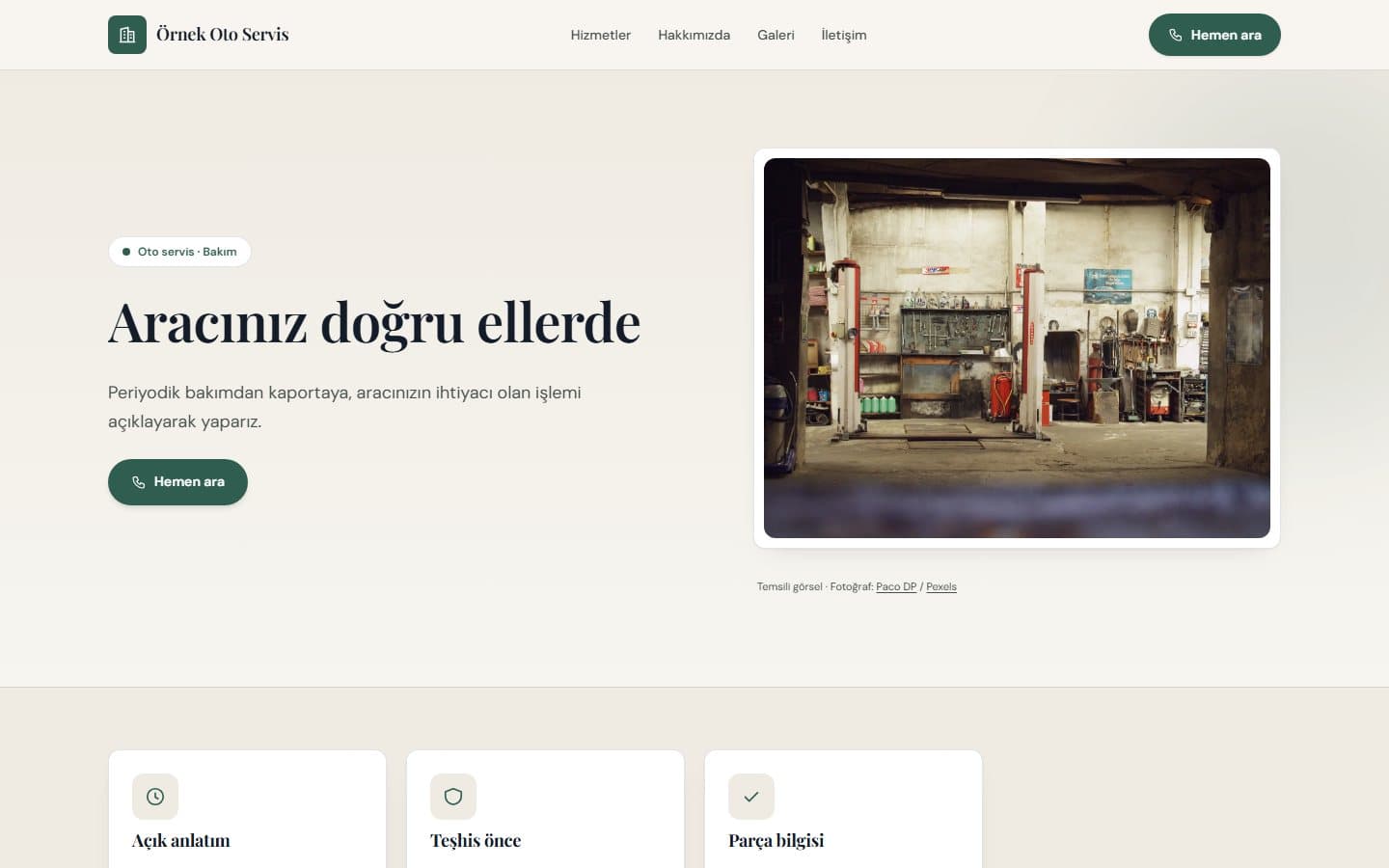 Oto servis web sitesi, Çam teması masaüstü görünümü