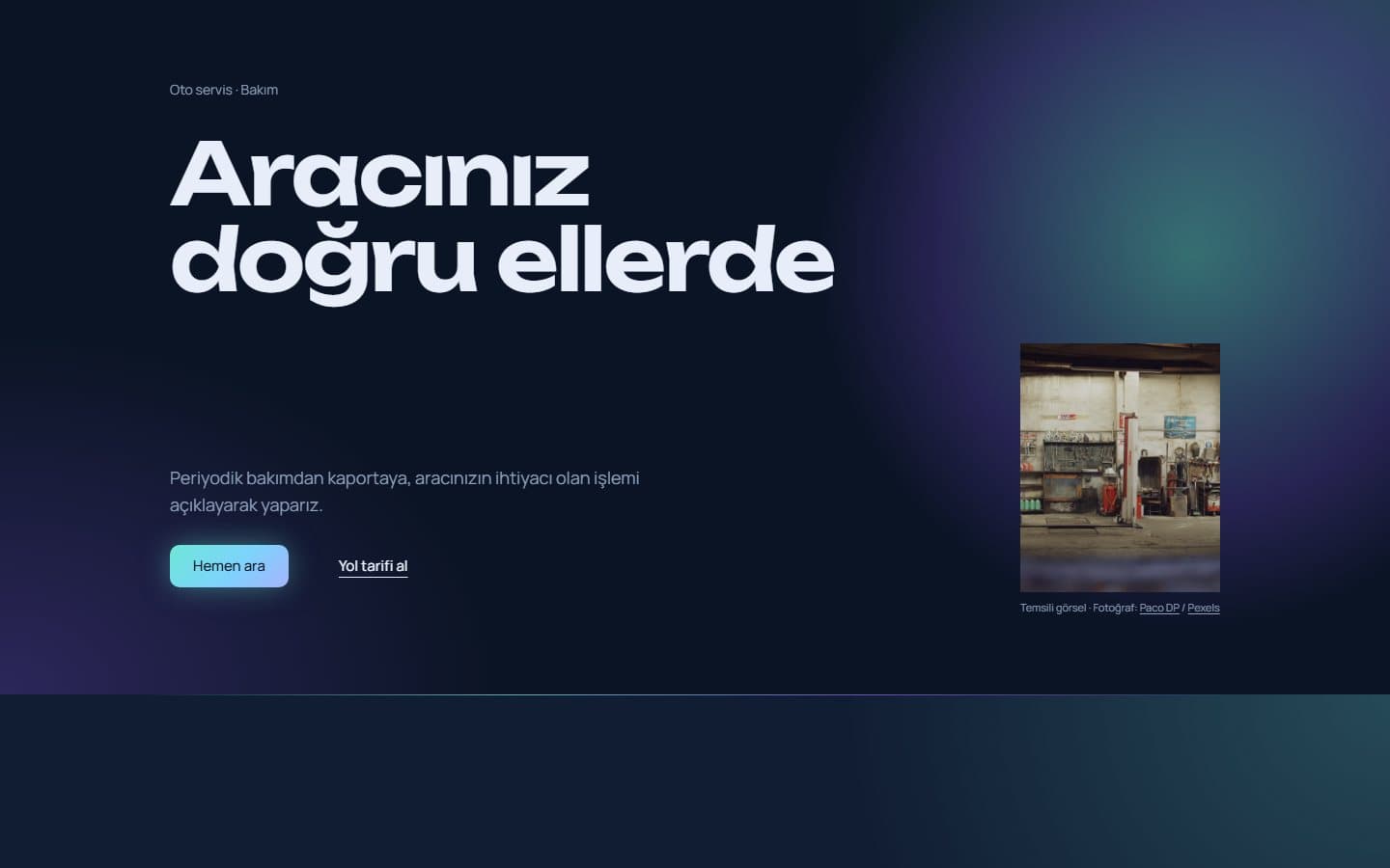 Oto servis web sitesi, Fütüristik teması masaüstü görünümü