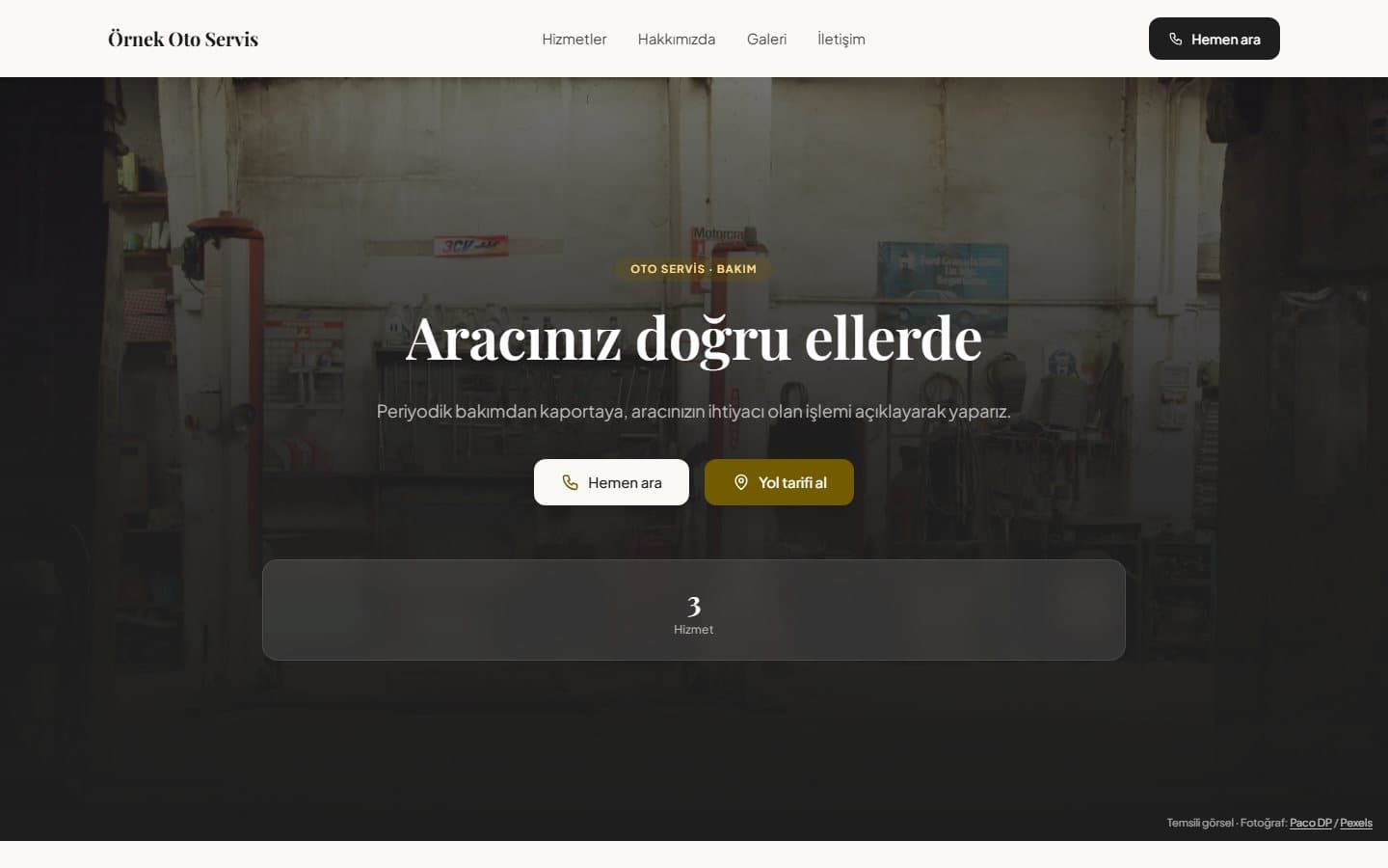 Oto servis web sitesi, Standart teması masaüstü görünümü