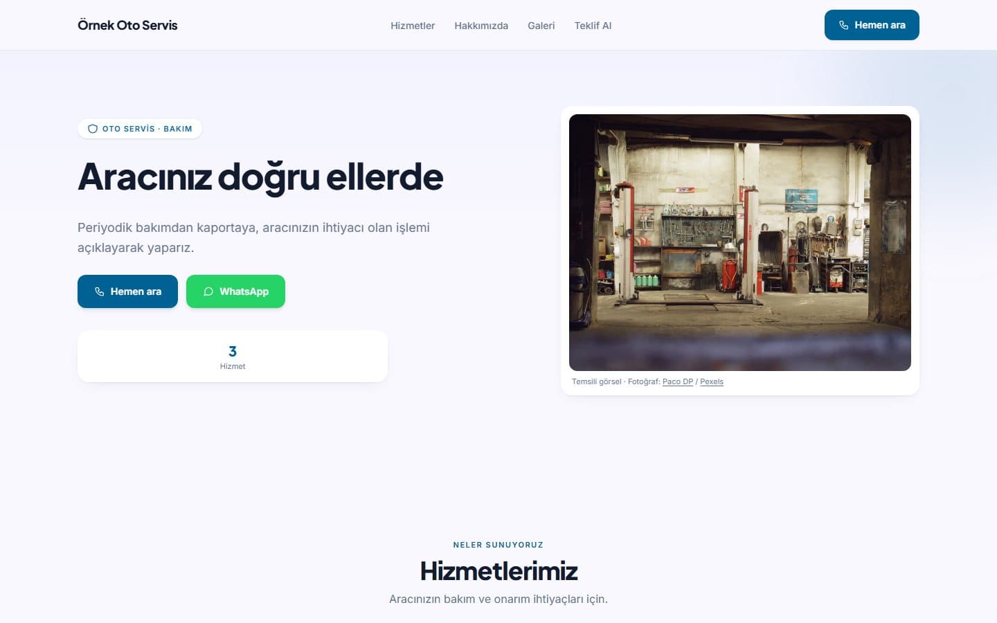 Oto servis web sitesi, Mavi teması masaüstü görünümü