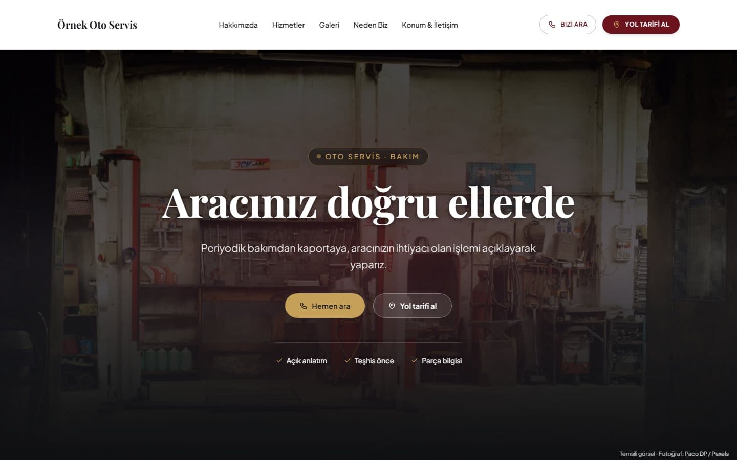 Oto servis web sitesi, Ateş teması masaüstü görünümü