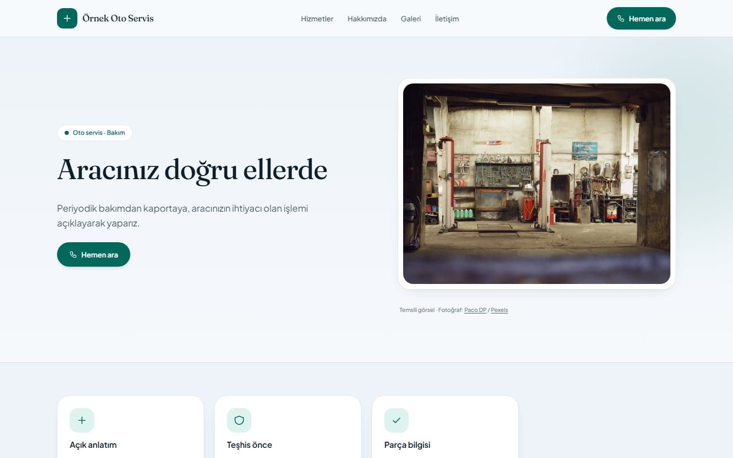 Oto servis web sitesi, Yeşim teması masaüstü görünümü