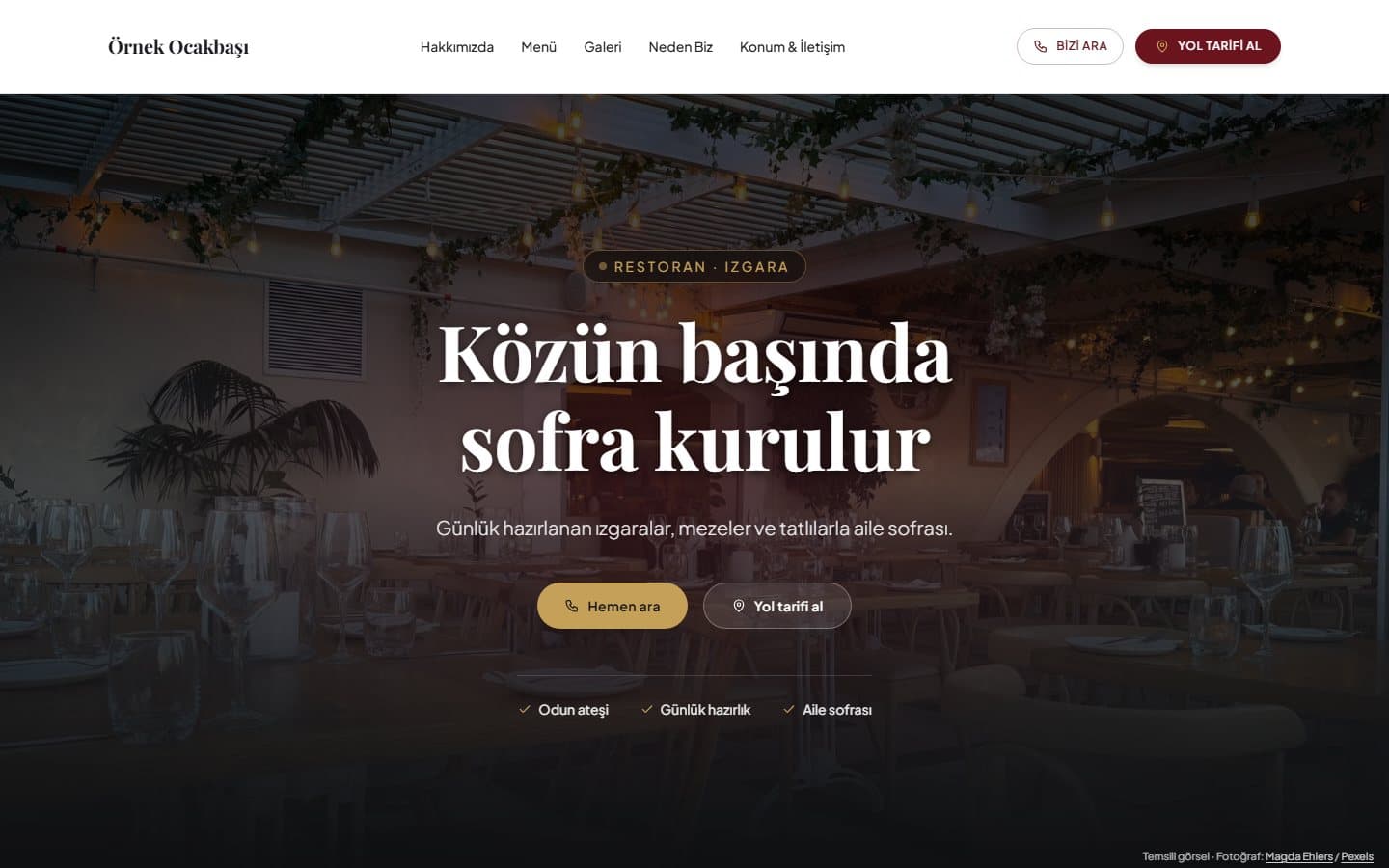 Restoran ve kafe için örnek web sitesi