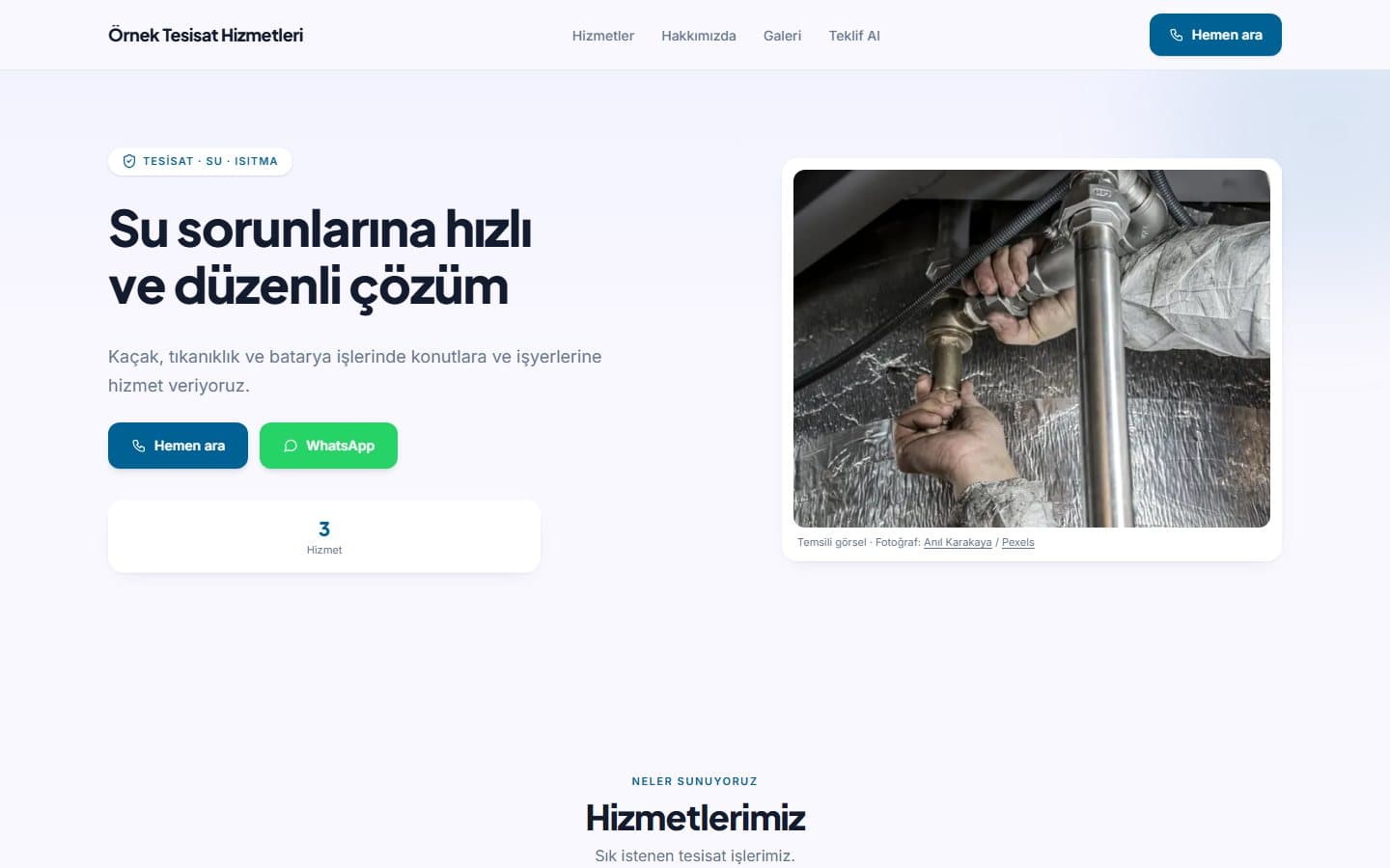 Tesisatçı için örnek web sitesi