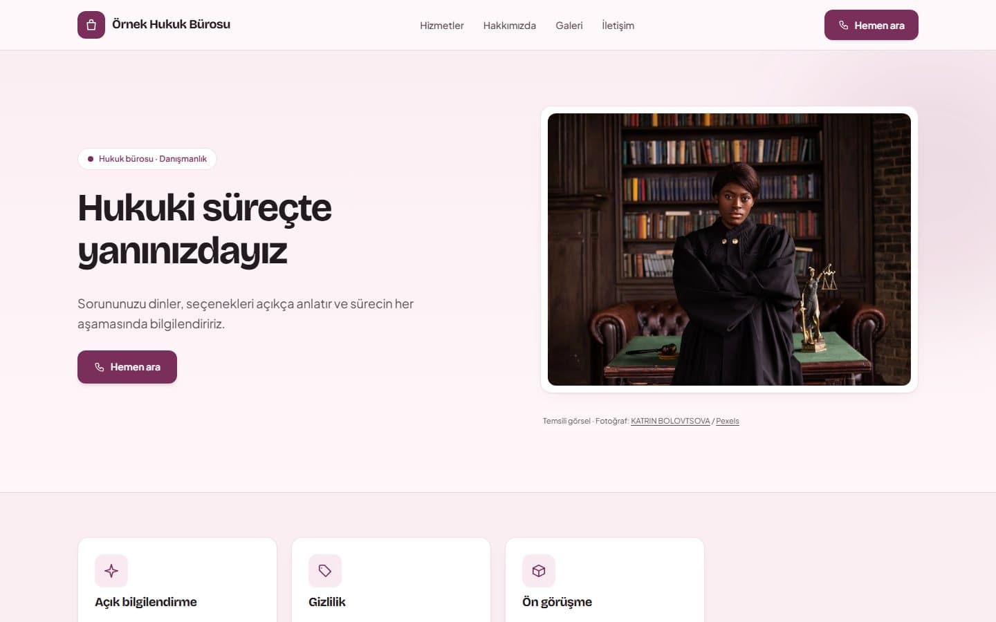 Avukat ve danışmanlık web sitesi, Erik teması masaüstü görünümü