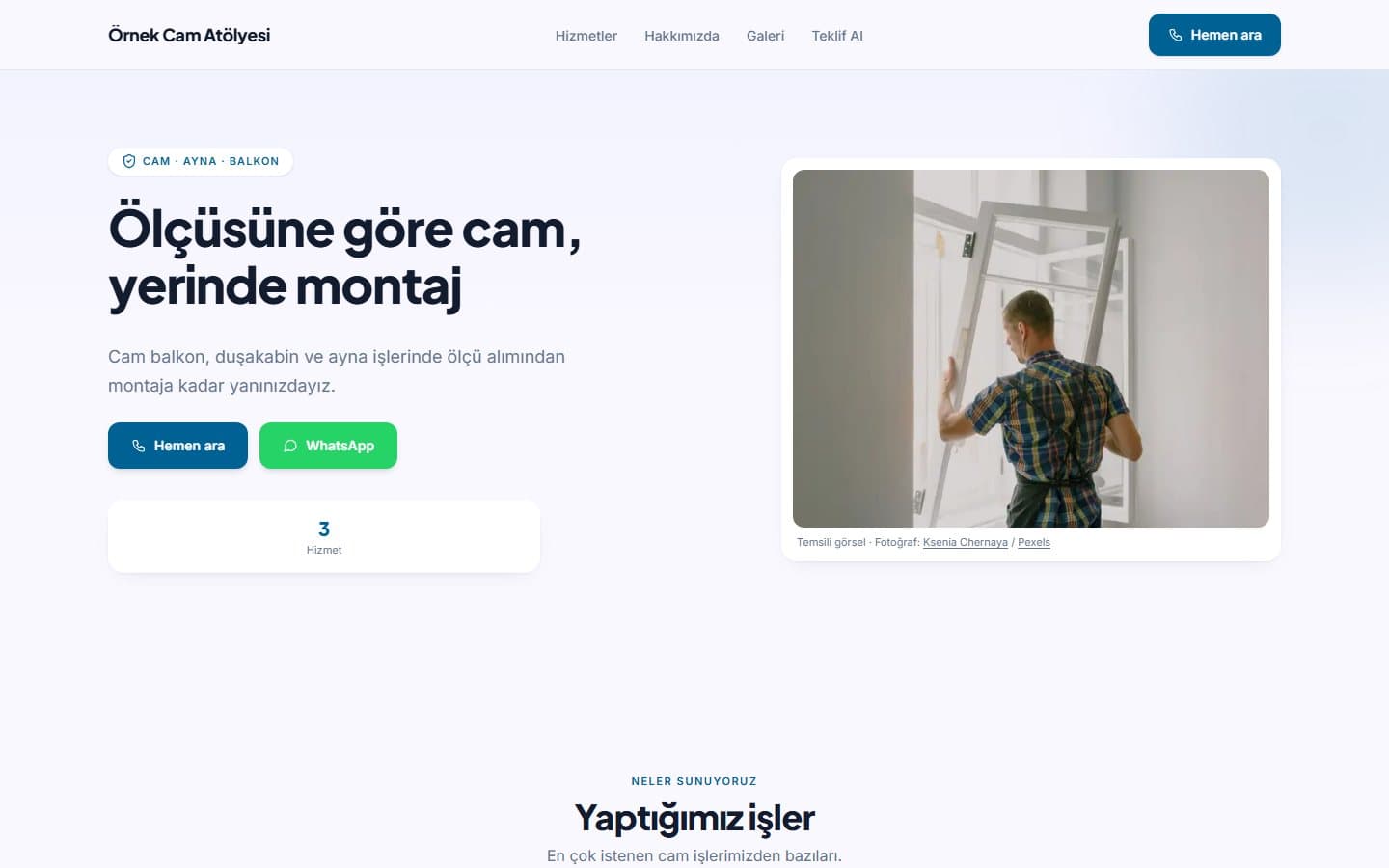 Camcı web sitesi örneği, Mavi teması masaüstü görünümü