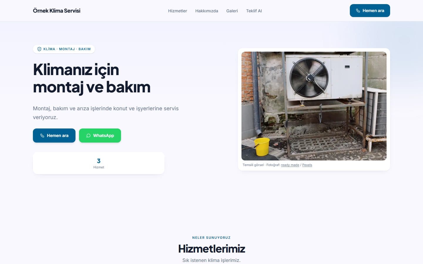 Klima servisi web sitesi örneği, Mavi teması masaüstü görünümü
