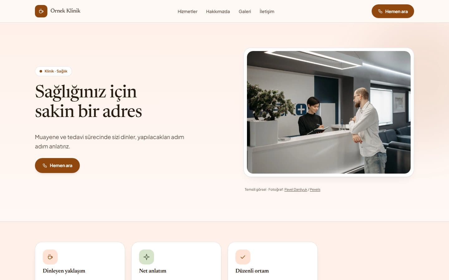 Klinik ve sağlık web sitesi, Bakır teması masaüstü görünümü