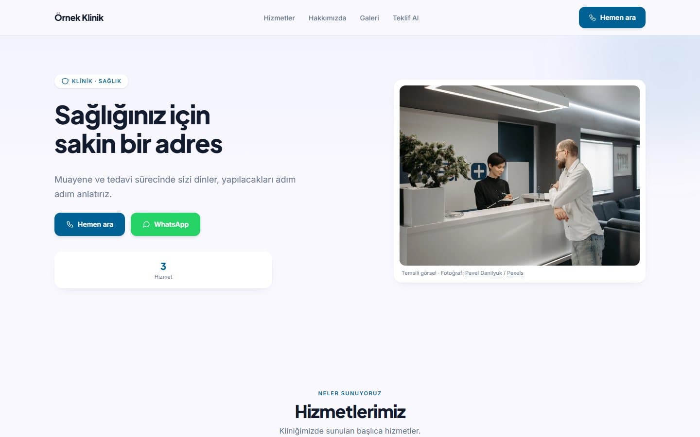 Klinik ve sağlık web sitesi, Mavi teması masaüstü görünümü