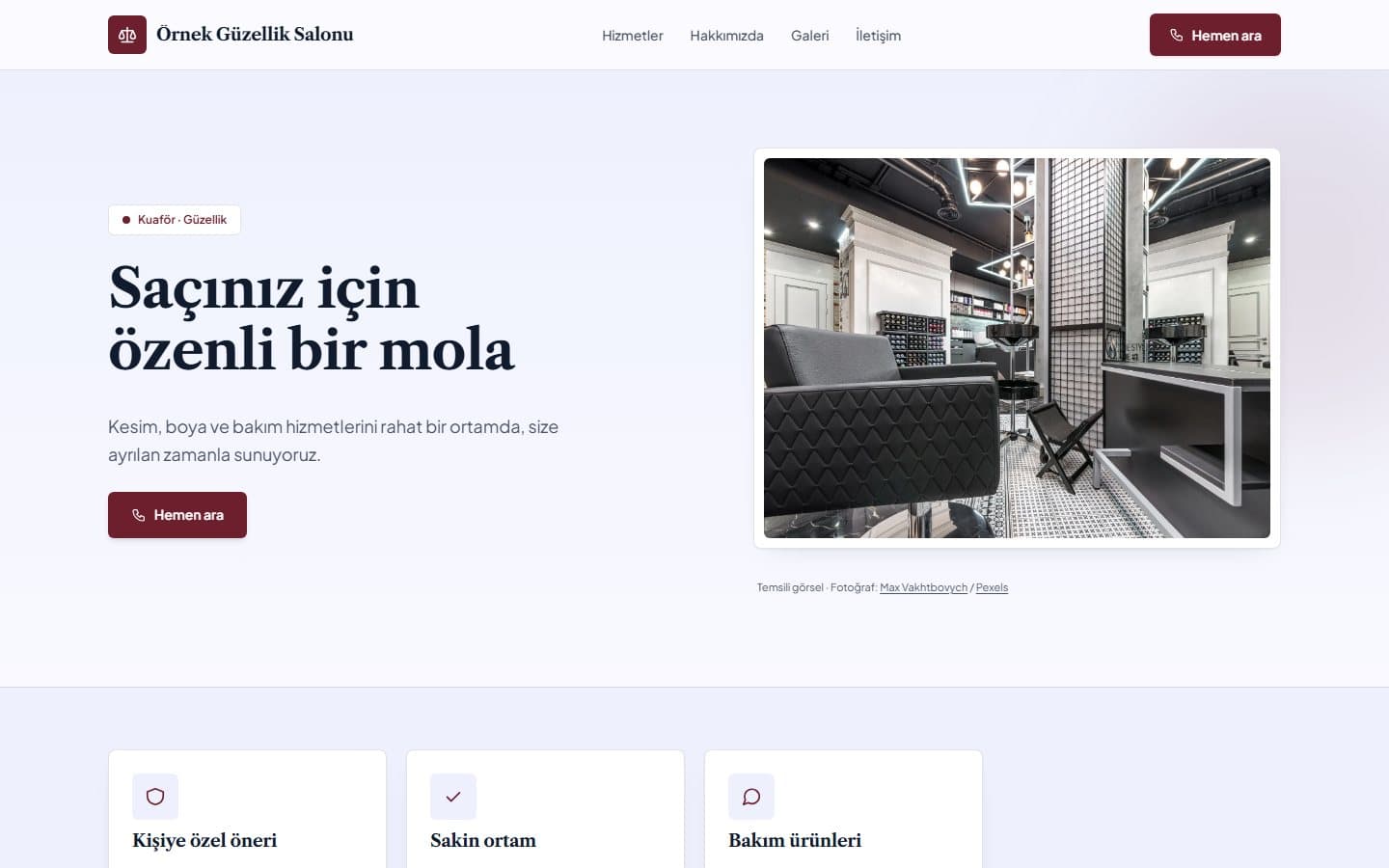 Kuaför ve güzellik web sitesi, Mühür teması masaüstü görünümü