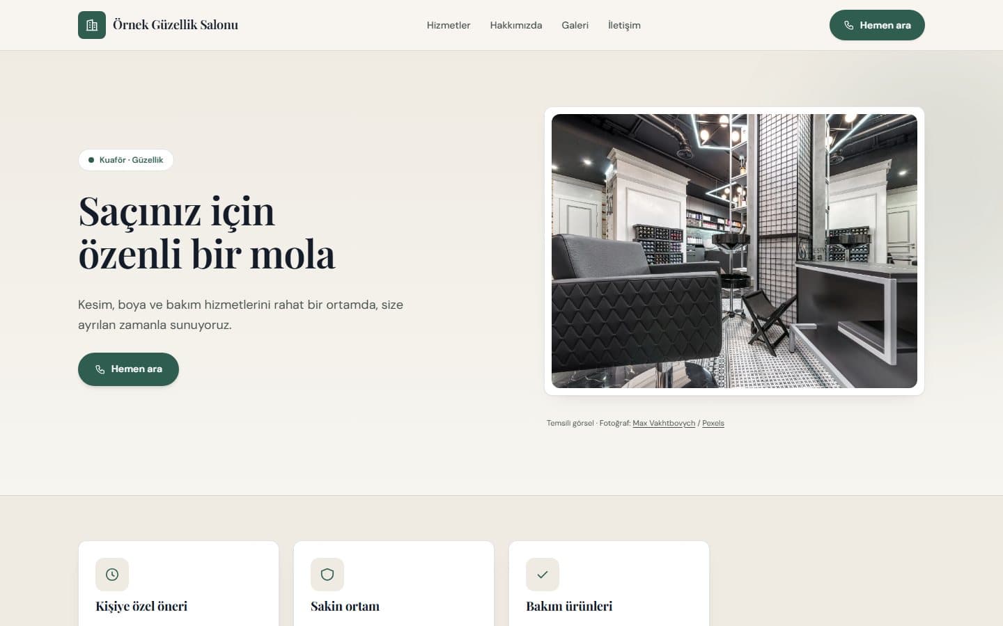 Kuaför ve güzellik web sitesi, Çam teması masaüstü görünümü