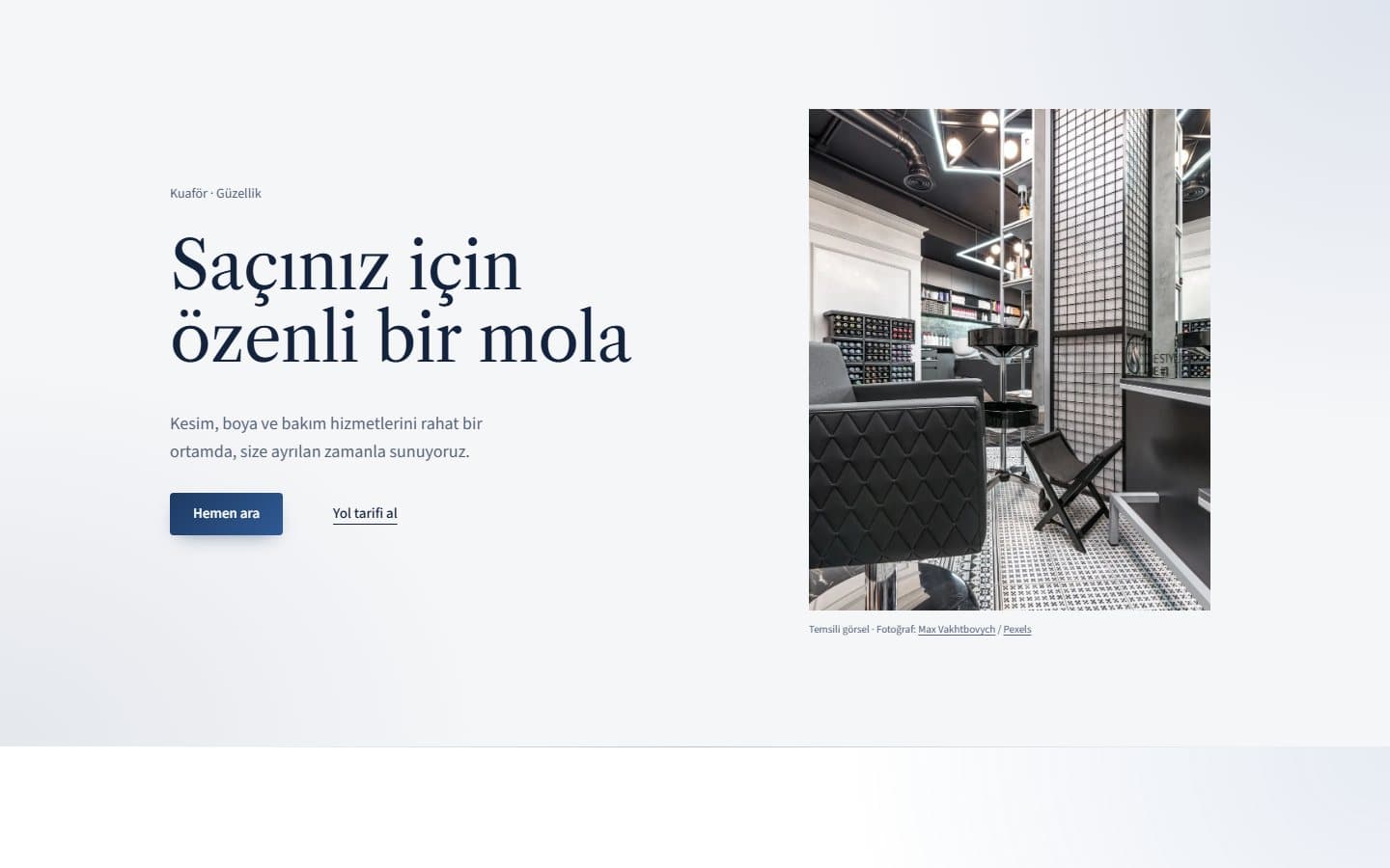 Kuaför ve güzellik web sitesi, Kurumsal teması masaüstü görünümü
