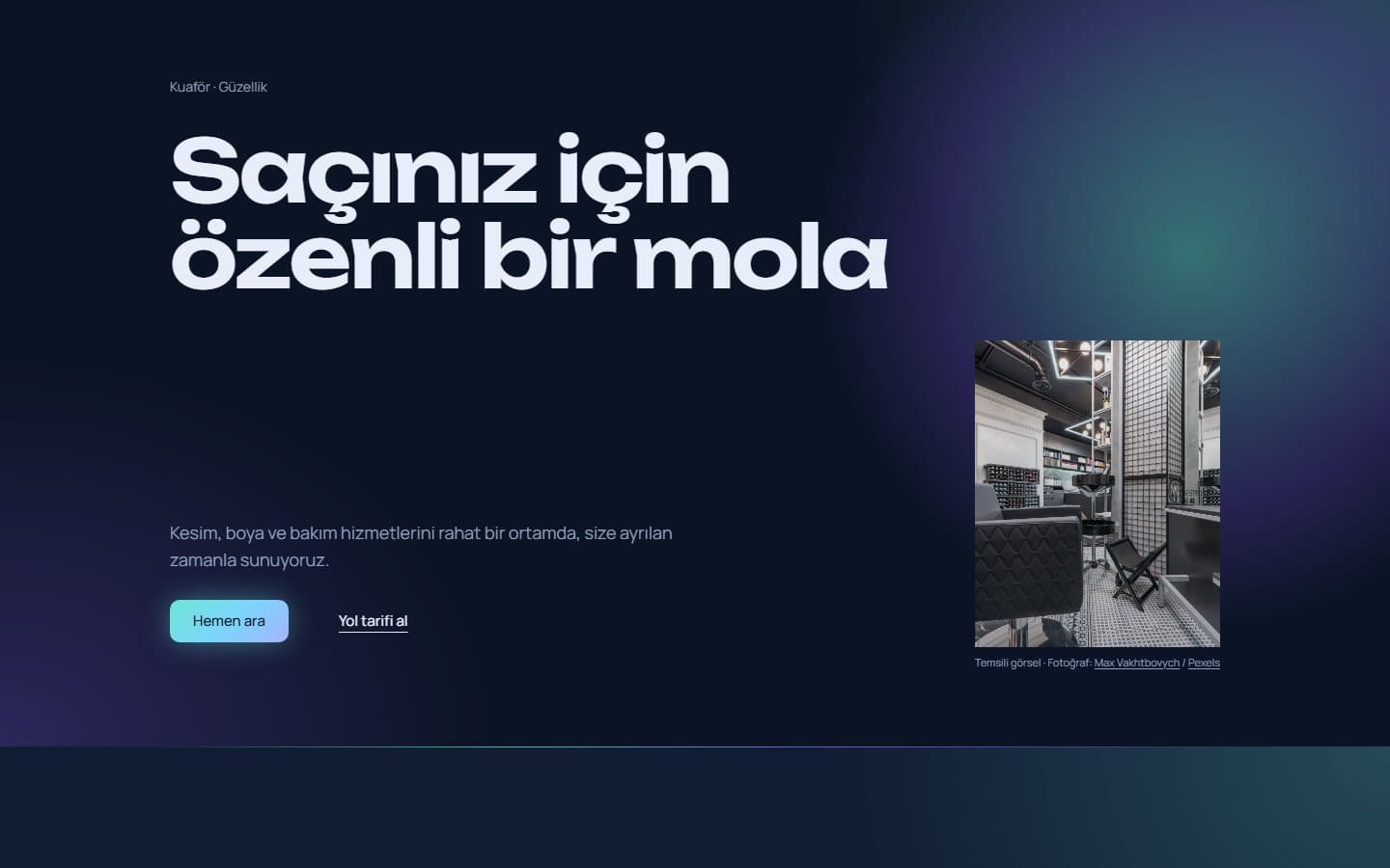 Kuaför ve güzellik web sitesi, Fütüristik teması masaüstü görünümü