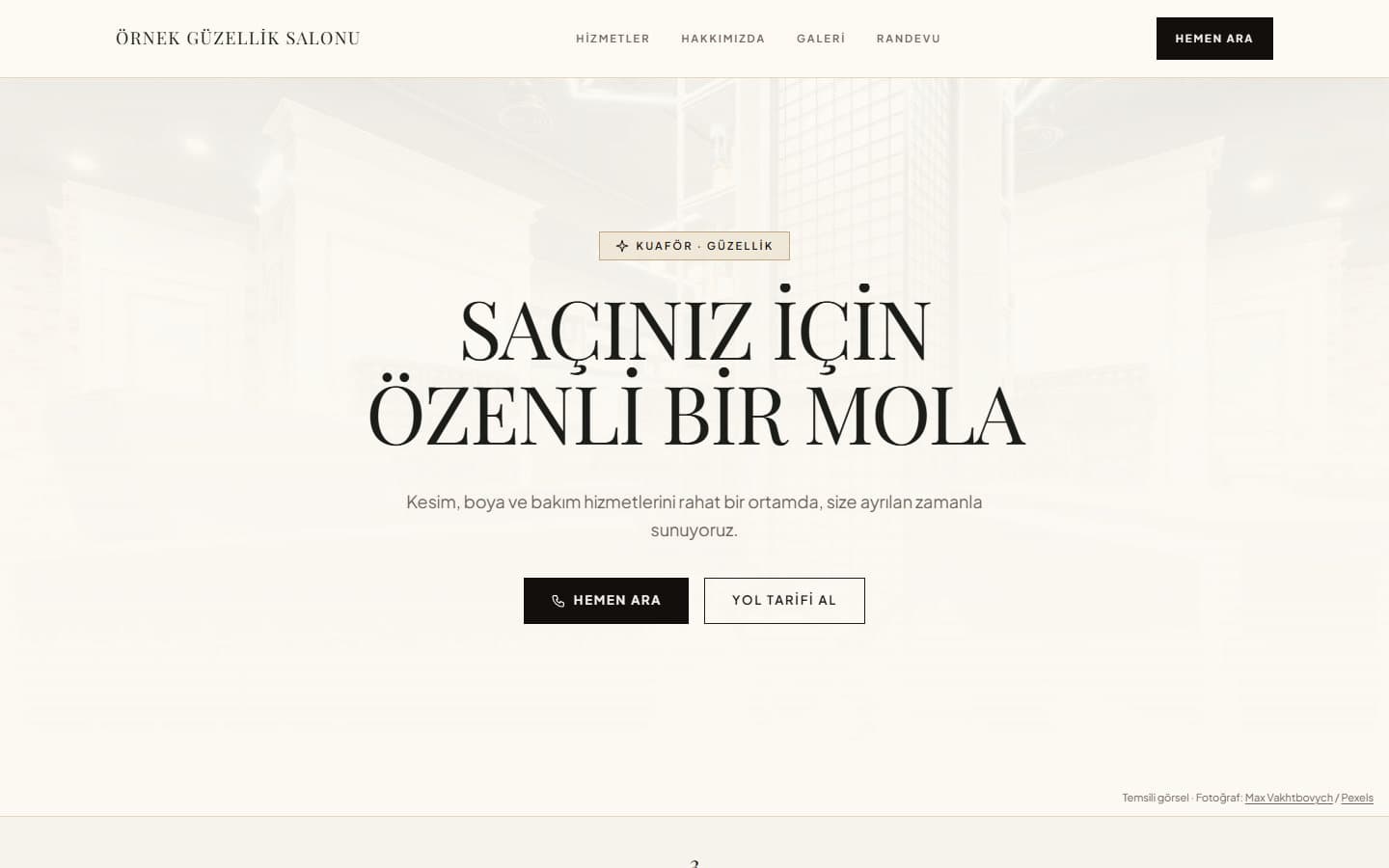 Kuaför ve güzellik web sitesi, Bronz teması masaüstü görünümü