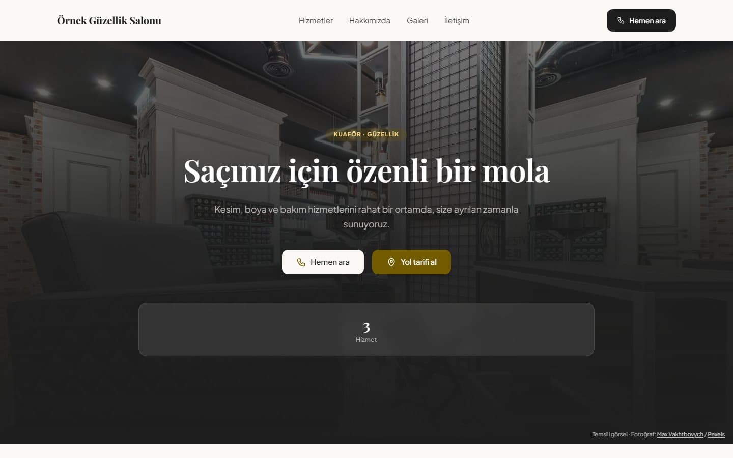 Kuaför ve güzellik web sitesi, Standart teması masaüstü görünümü