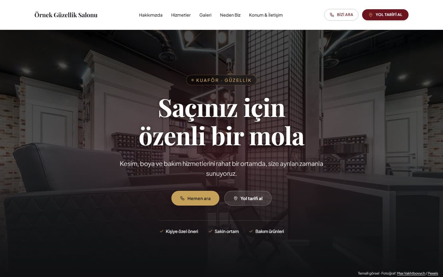 Kuaför ve güzellik web sitesi, Ateş teması masaüstü görünümü