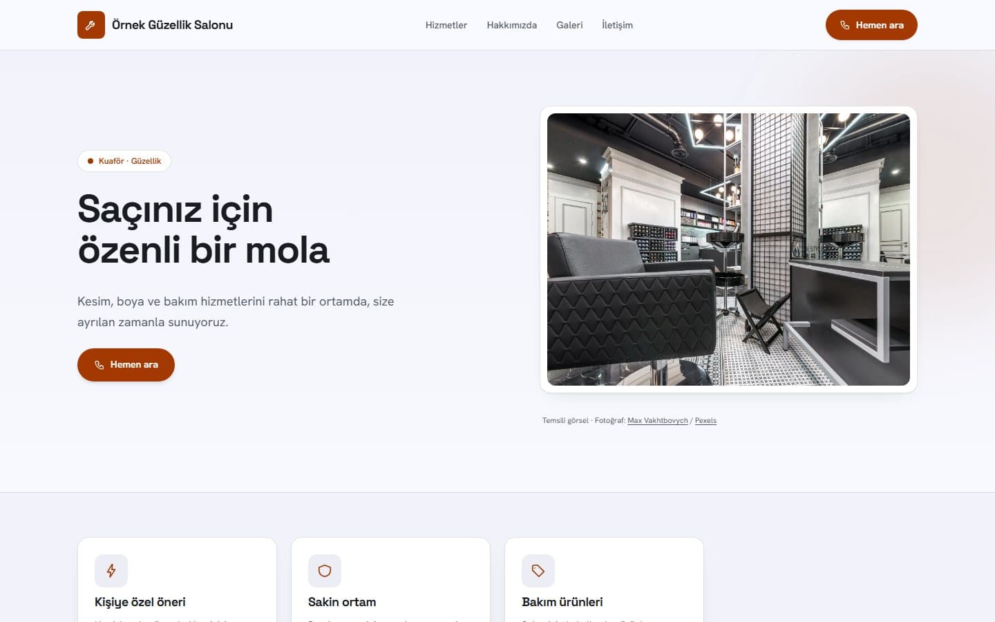 Kuaför ve güzellik web sitesi, Eksen teması masaüstü görünümü