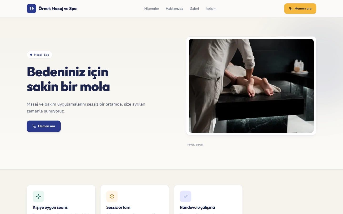 Masaj ve spa web sitesi, İndigo teması masaüstü görünümü