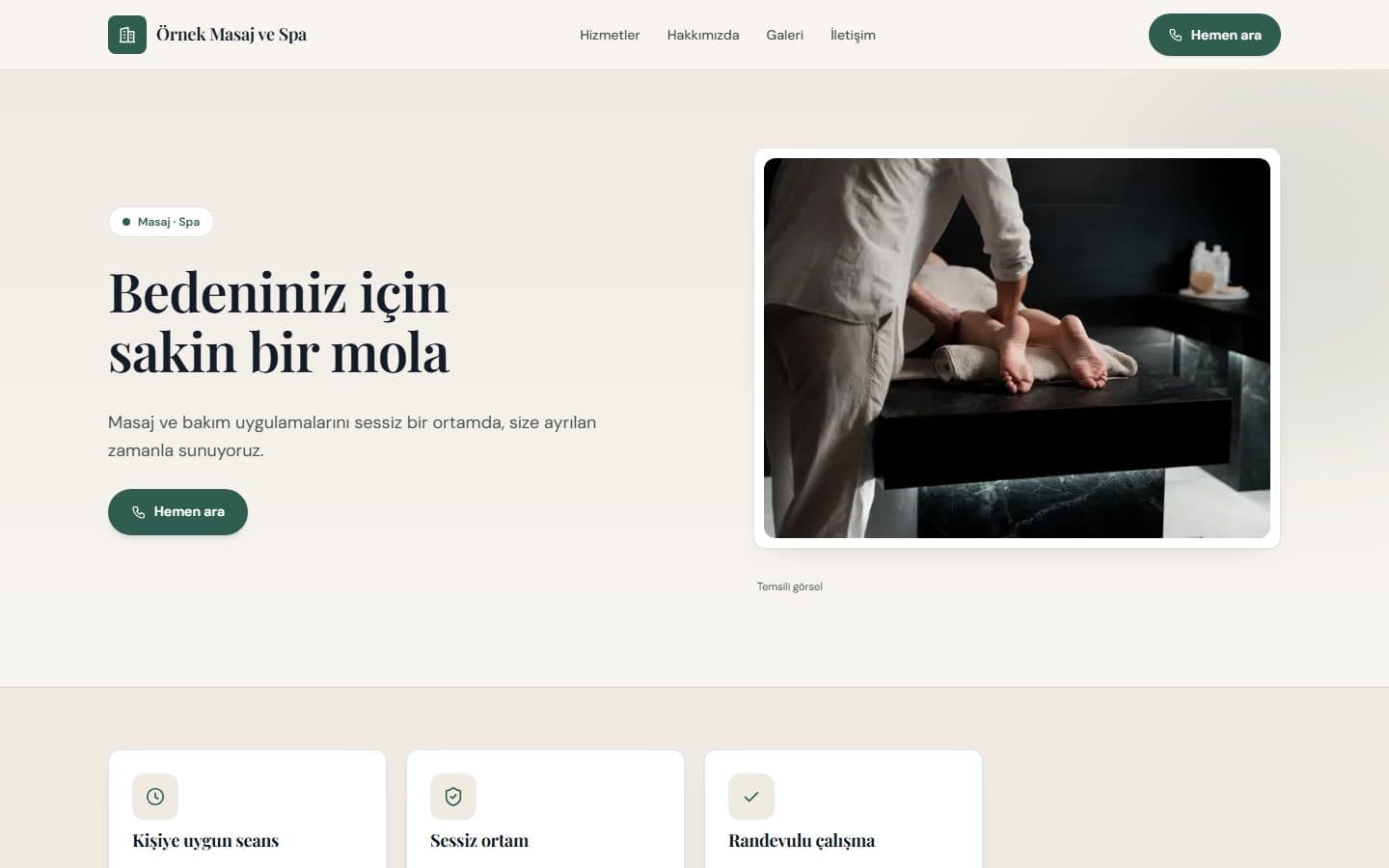 Masaj ve spa web sitesi, Çam teması masaüstü görünümü