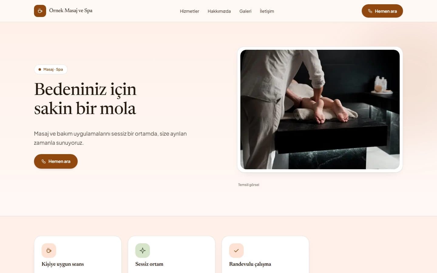 Masaj ve spa web sitesi, Bakır teması masaüstü görünümü