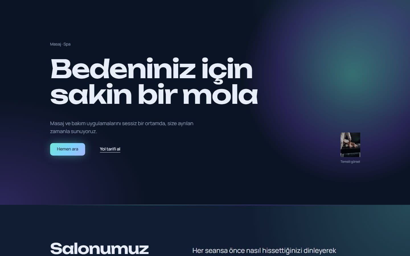 Masaj ve spa web sitesi, Fütüristik teması masaüstü görünümü