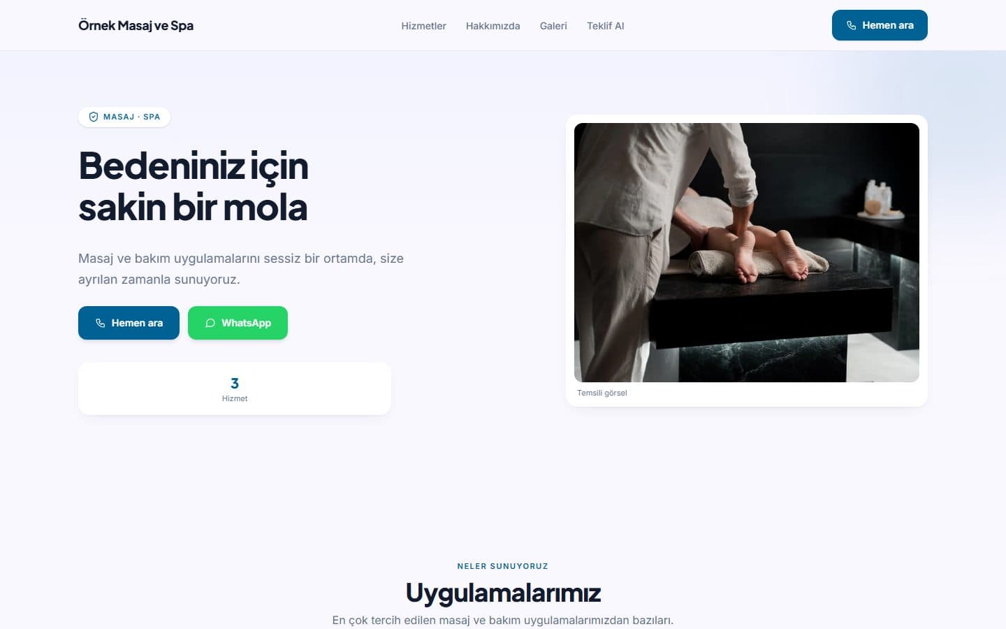 Masaj ve spa web sitesi, Mavi teması masaüstü görünümü