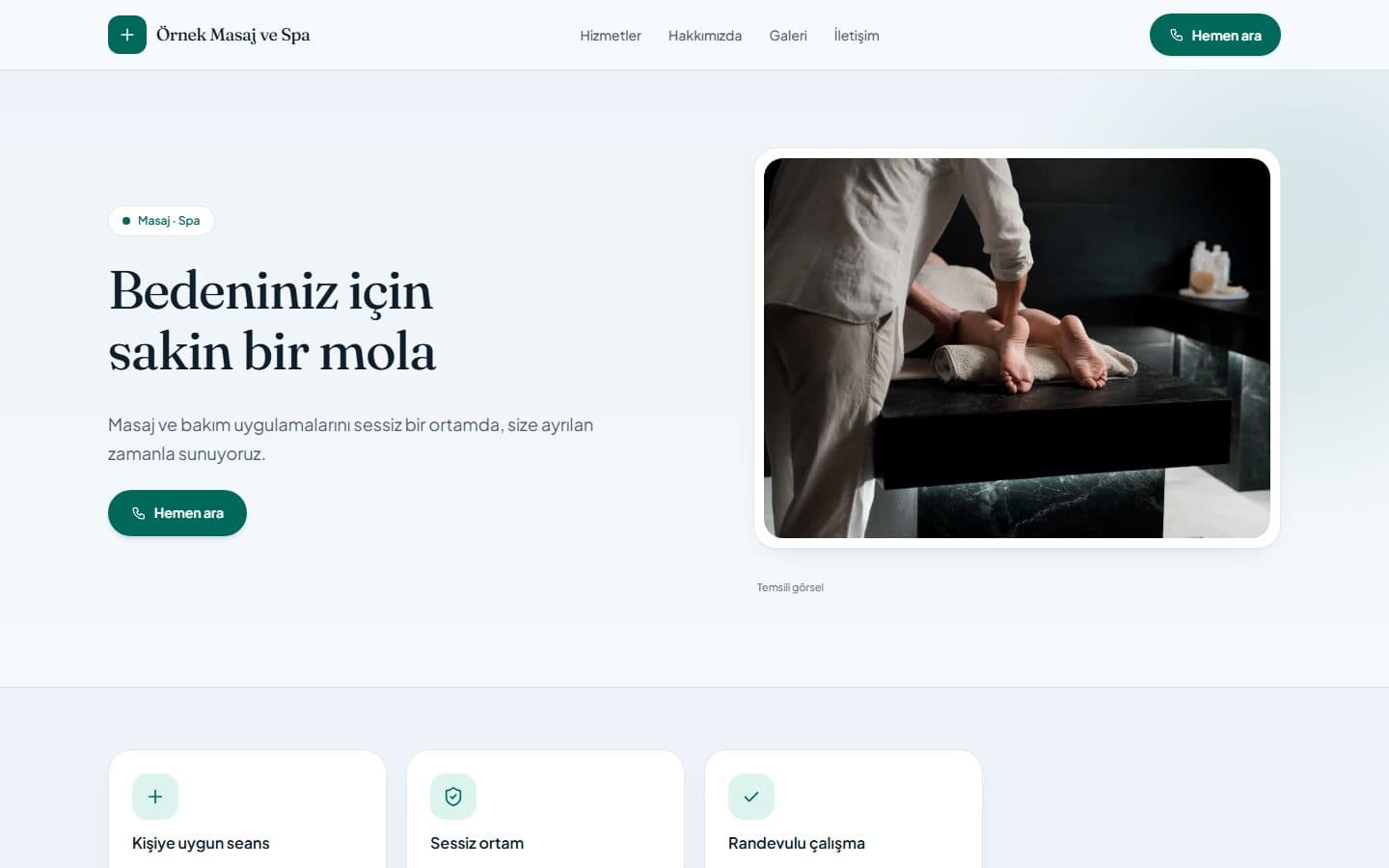 Masaj ve spa web sitesi, Yeşim teması masaüstü görünümü