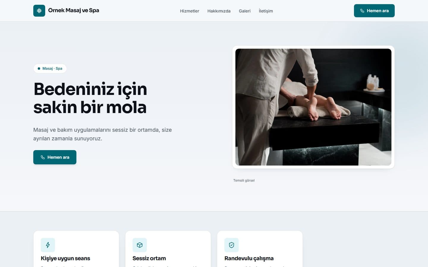 Masaj ve spa web sitesi, Turkuaz teması masaüstü görünümü