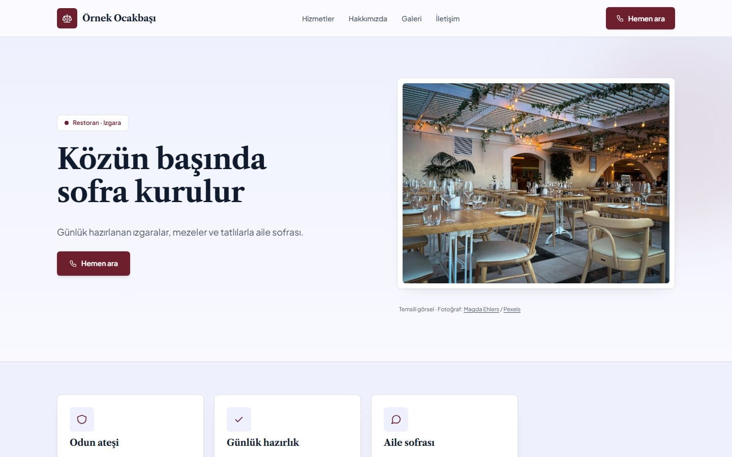 Restoran ve kafe web sitesi, Mühür teması masaüstü görünümü