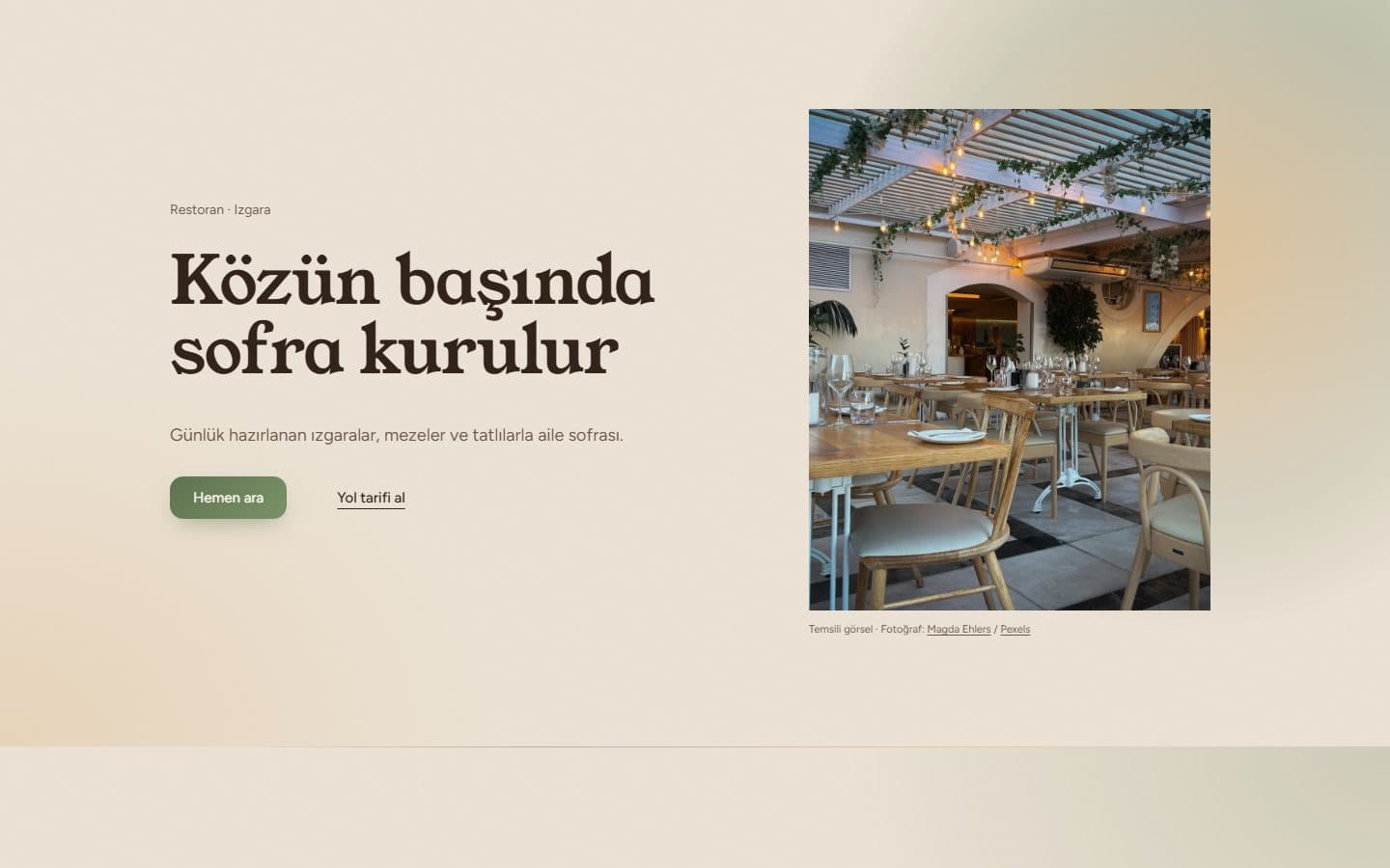 Restoran ve kafe web sitesi, Sıcak / organik teması masaüstü görünümü