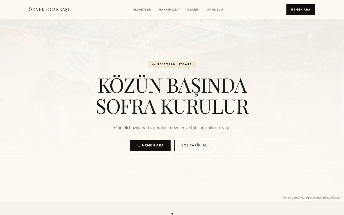 Restoran ve kafe web sitesi, Bronz teması masaüstü görünümü