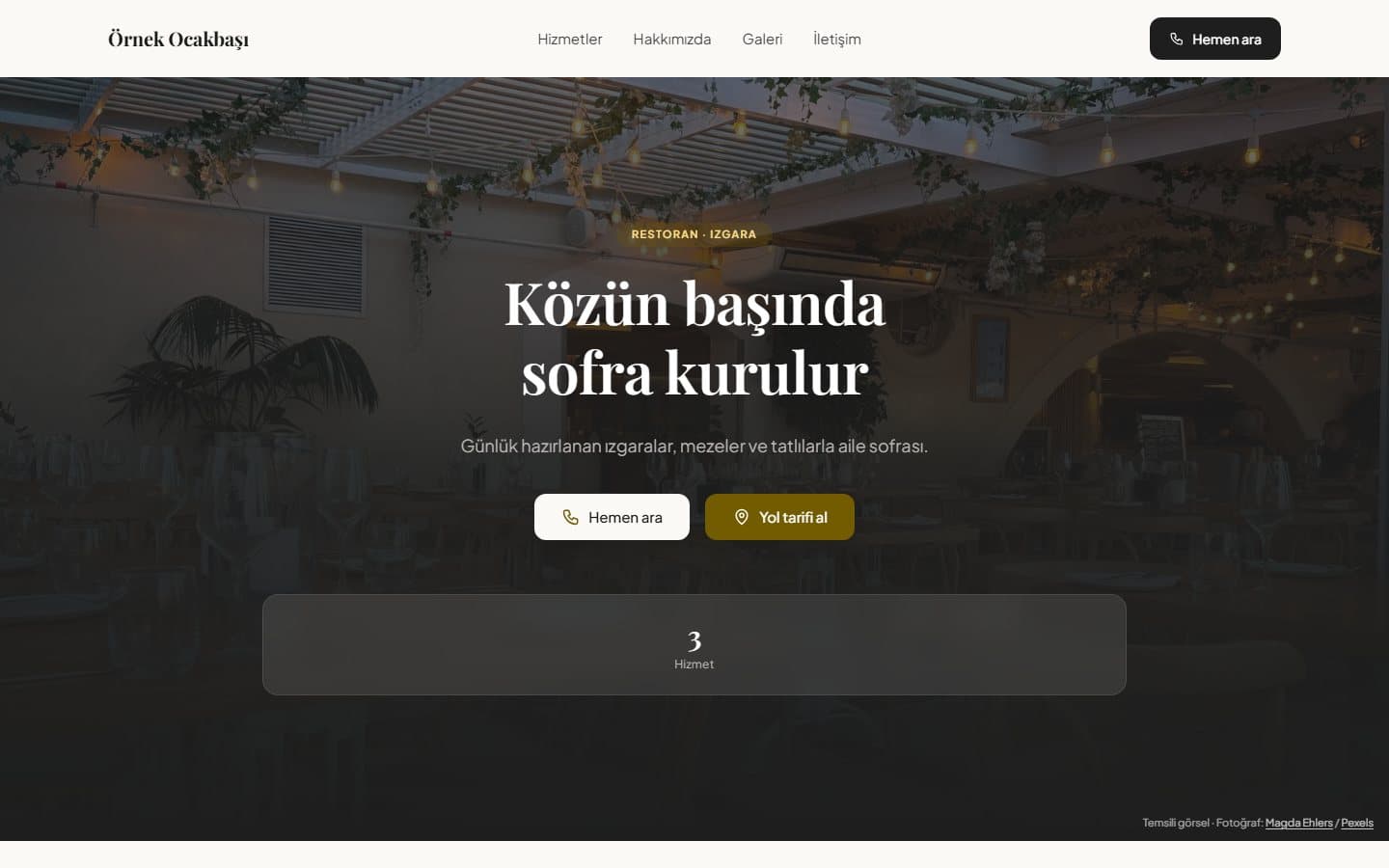 Restoran ve kafe web sitesi, Standart teması masaüstü görünümü