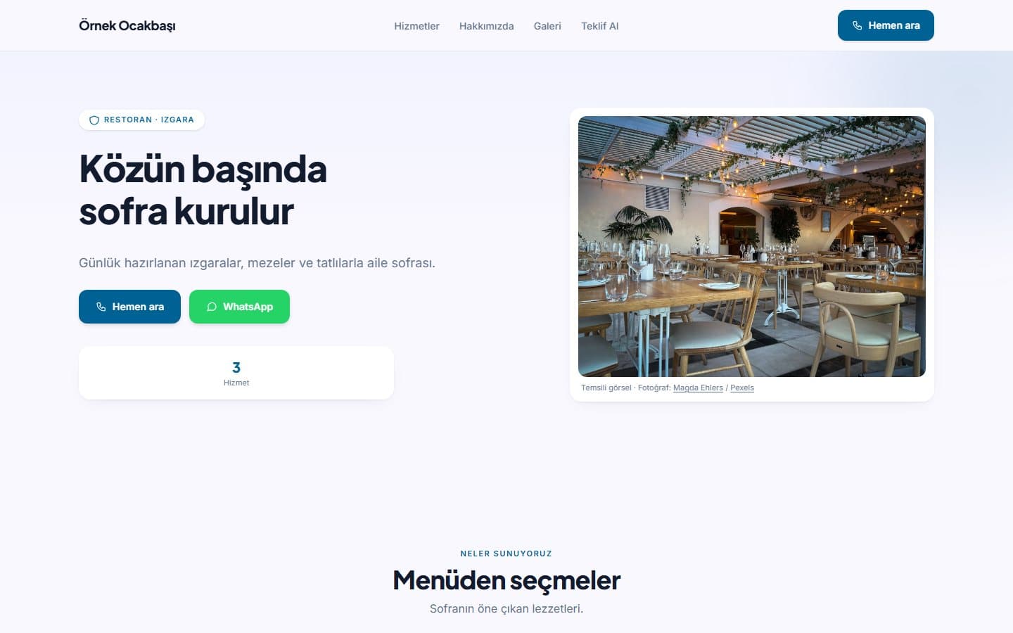 Restoran ve kafe web sitesi, Mavi teması masaüstü görünümü
