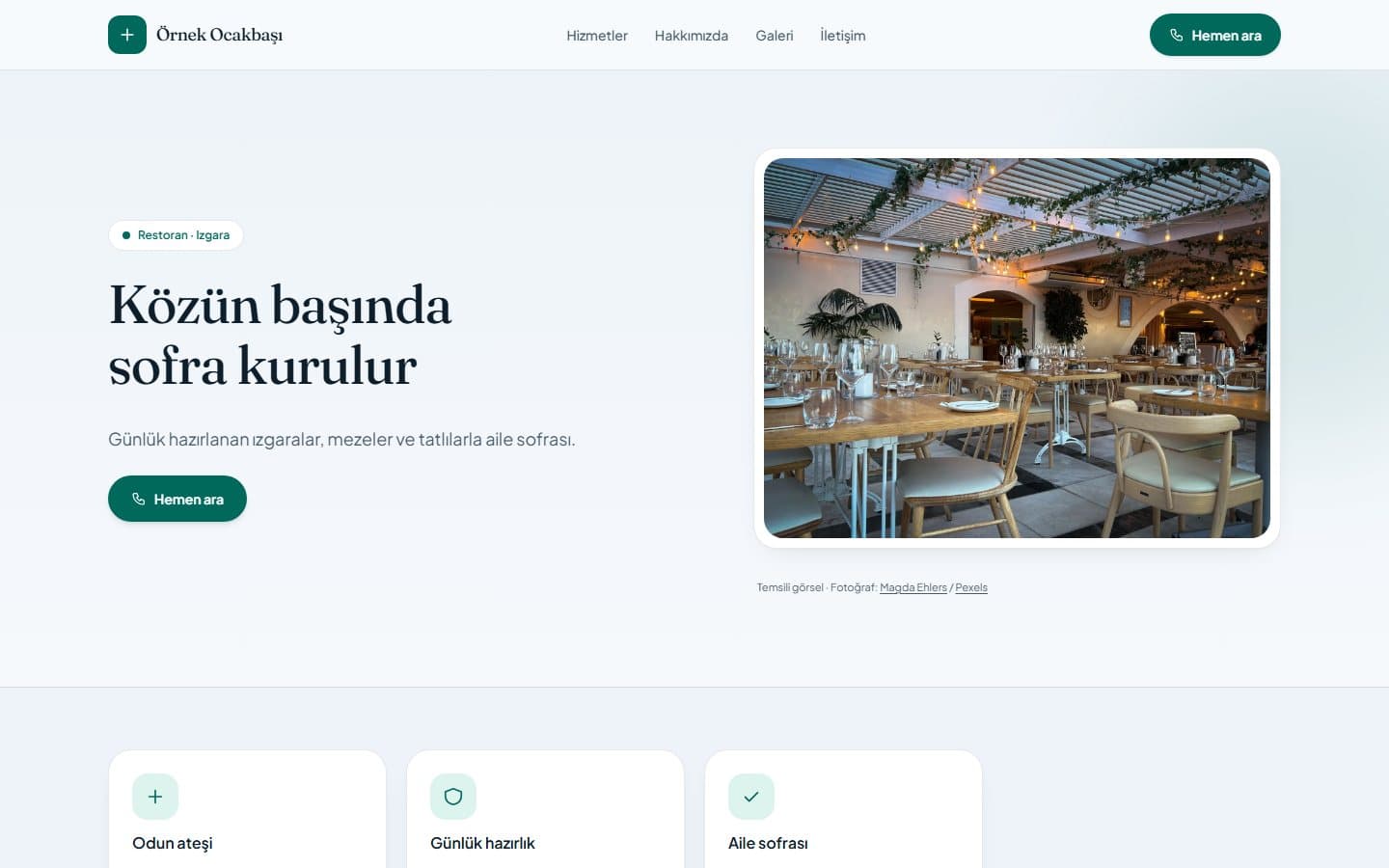 Restoran ve kafe web sitesi, Yeşim teması masaüstü görünümü