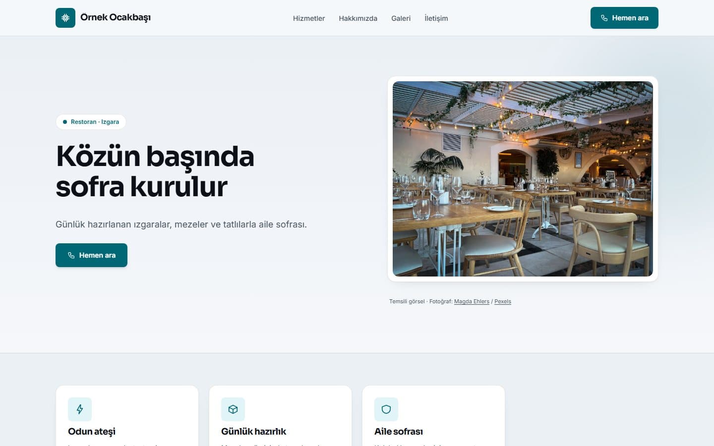 Restoran ve kafe web sitesi, Turkuaz teması masaüstü görünümü
